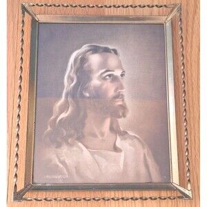 Vtg Jesus 1941© Sallman 8x10 Print w Glass 1950s Goldtone Twisted Steel Frame